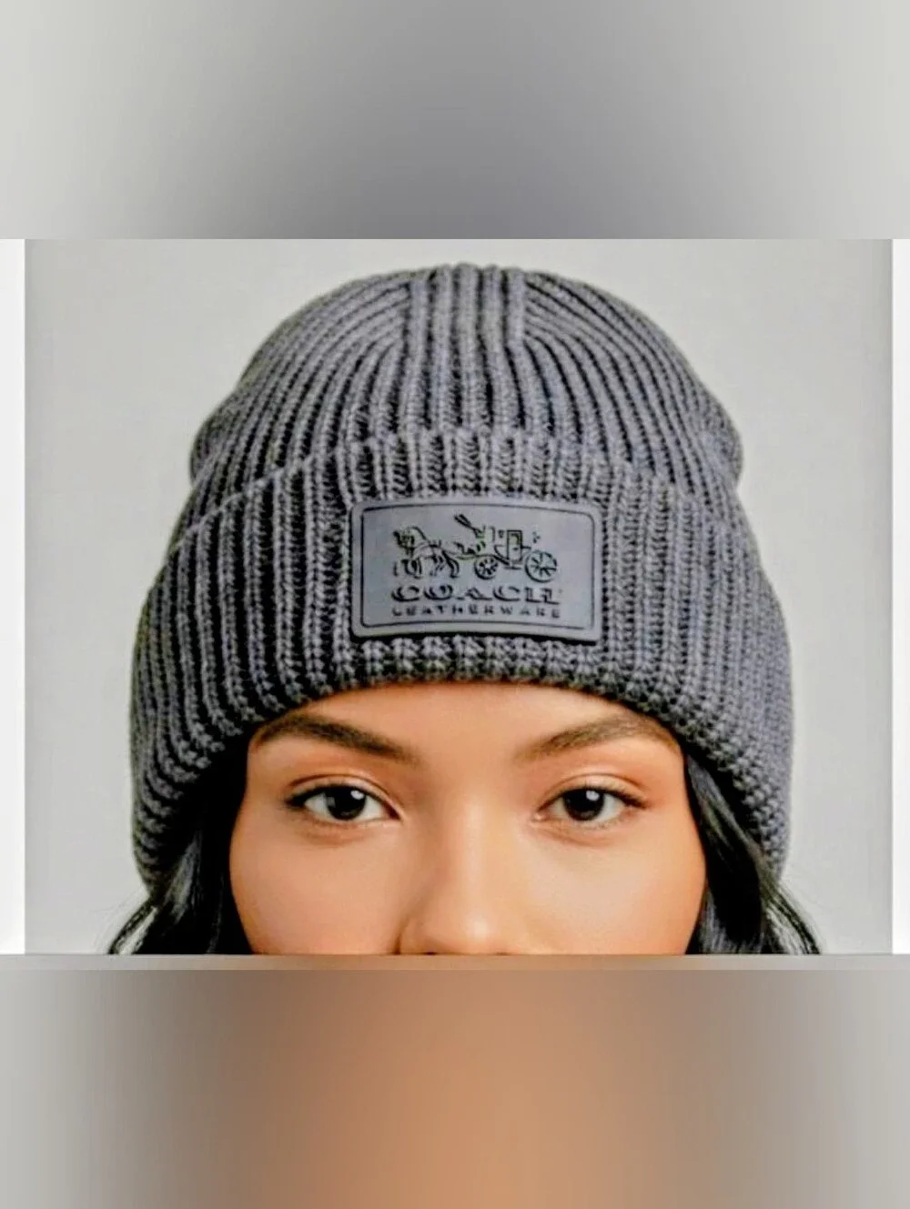 Coach Gray Ribbed Knit Beanie with Logo Patch